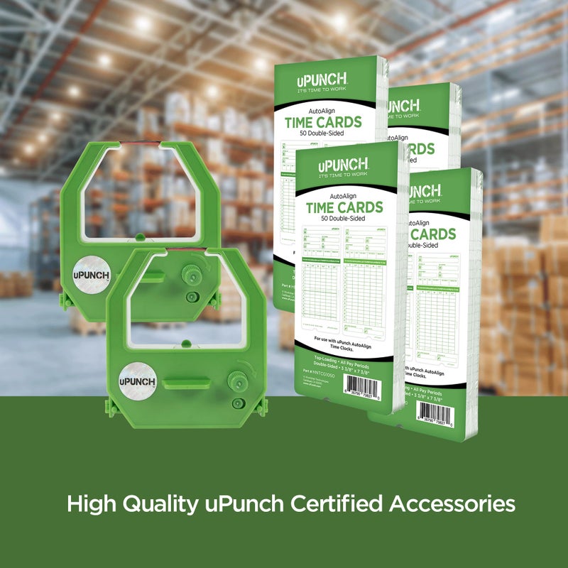 uPunch 2 Pack Ribbon/200 Card Combo for Green HN3000 AutoAlign Time Clocks (HNRG2TCG1200) - Image 5
